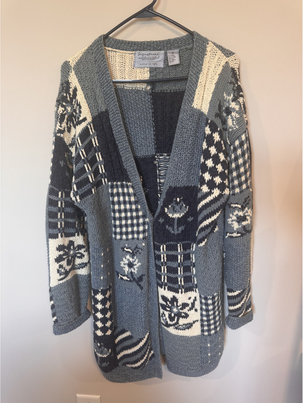 VTG Hand-Knit Blue Patchwork Signature by Northern Isles Cardigan Womens M
